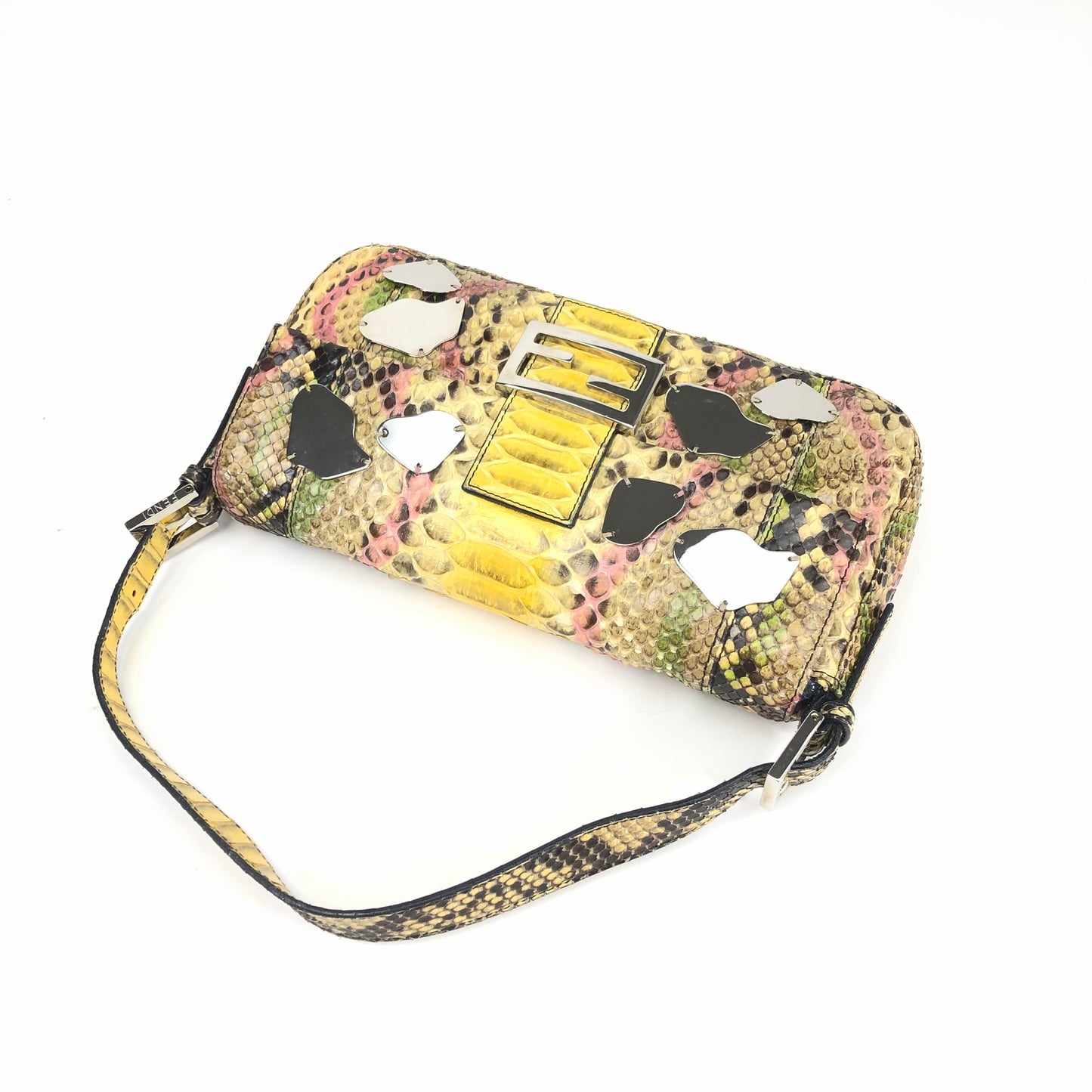 FENDI MULTI COLOUR PYTHON SNAKESKIN BAGUETTE SHOULDER BAG WITH METAL/MIRROR DETAILING