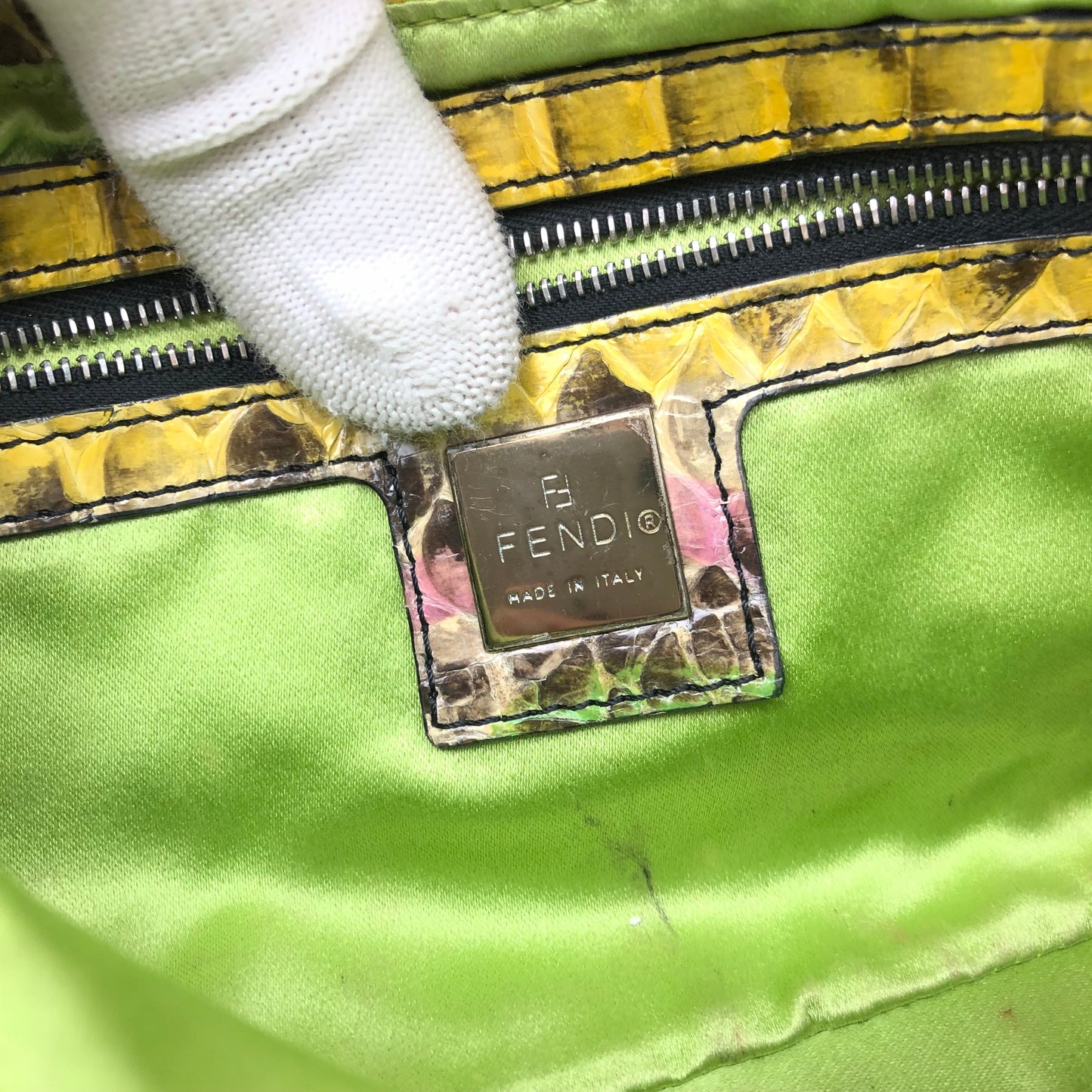 FENDI MULTI COLOUR PYTHON SNAKESKIN BAGUETTE SHOULDER BAG WITH METAL/MIRROR DETAILING