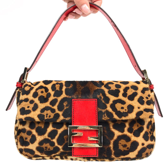 FENDI LEOPARD PONY HAIR BAGUETTE SHOULDER BAG