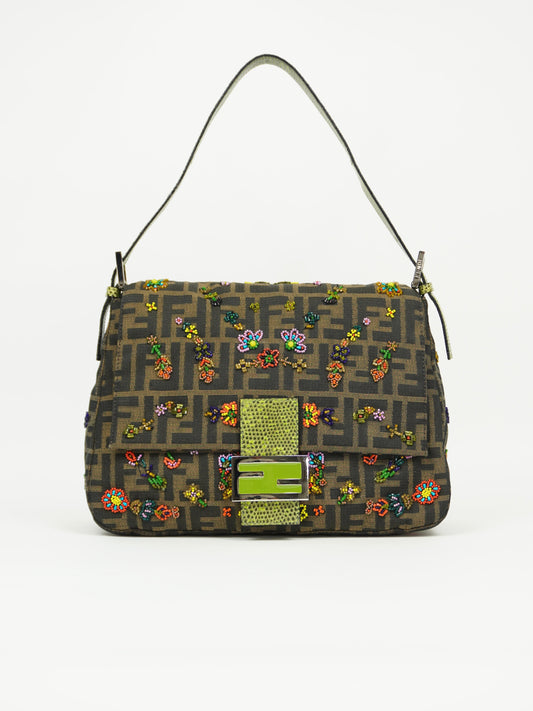FENDI MAMA BEADED BAGUETTE WITH LIZARD TRIM
