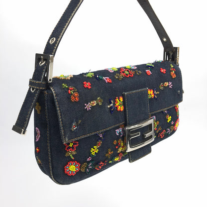 FENDI DENIM FLORAL BEADED BAGUETTE BAG