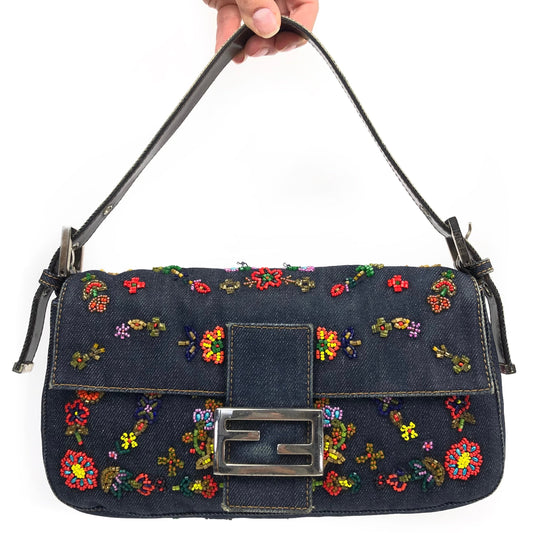 FENDI DENIM BEADED BAGUETTE BAG