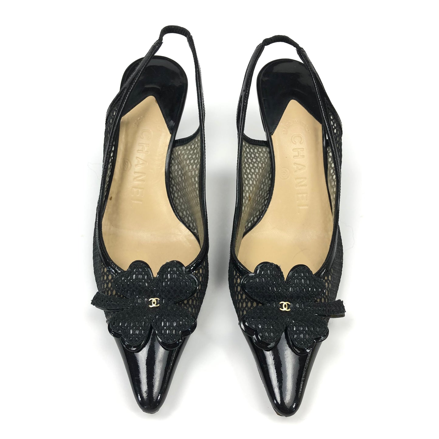 CHANEL LOGO SLING-BACK MULE HEELS