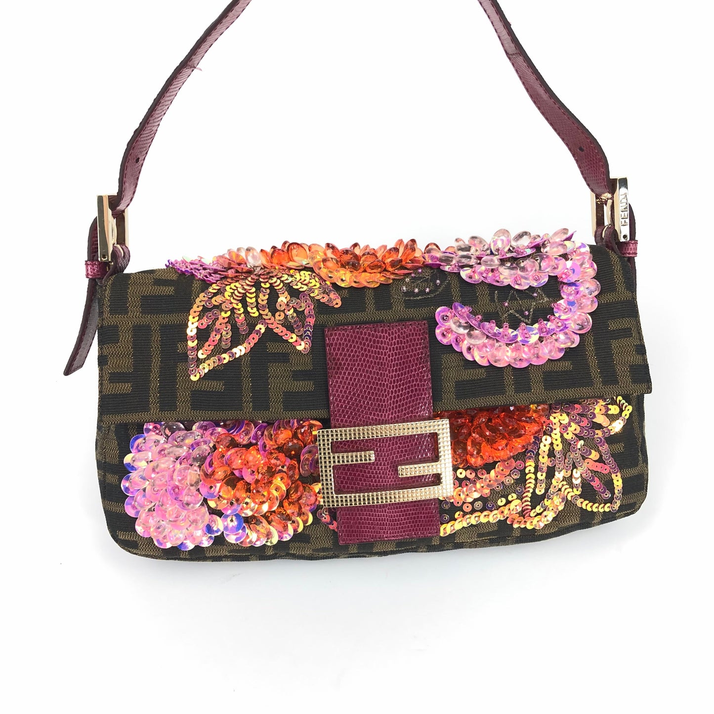 FENDI BEADED BAGUETTE BAG WITH EXOTIC LIZARD DETAILING