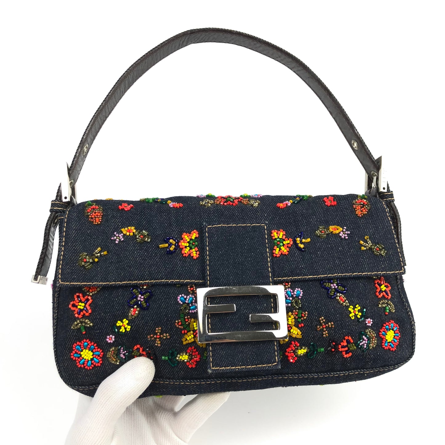 FENDI DENIM FLORAL BEADED BAGUETTE BAG