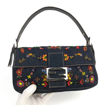 FENDI DENIM FLORAL BEADED BAGUETTE BAG