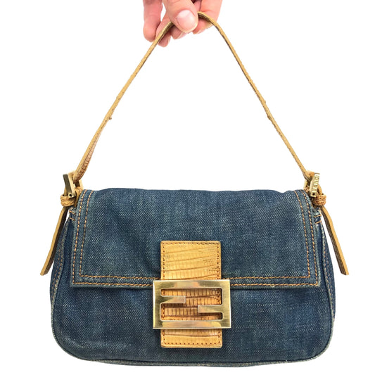 FENDI DENIM BAGUETTE BAG WITH EXOTIC LIZARD DETAILING