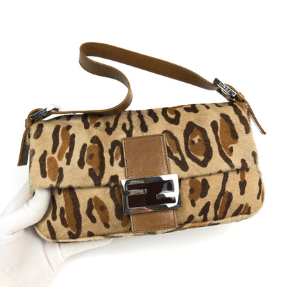 FENDI LEOPARD CALF HAIR BAGUETTE SHOULDER BAG