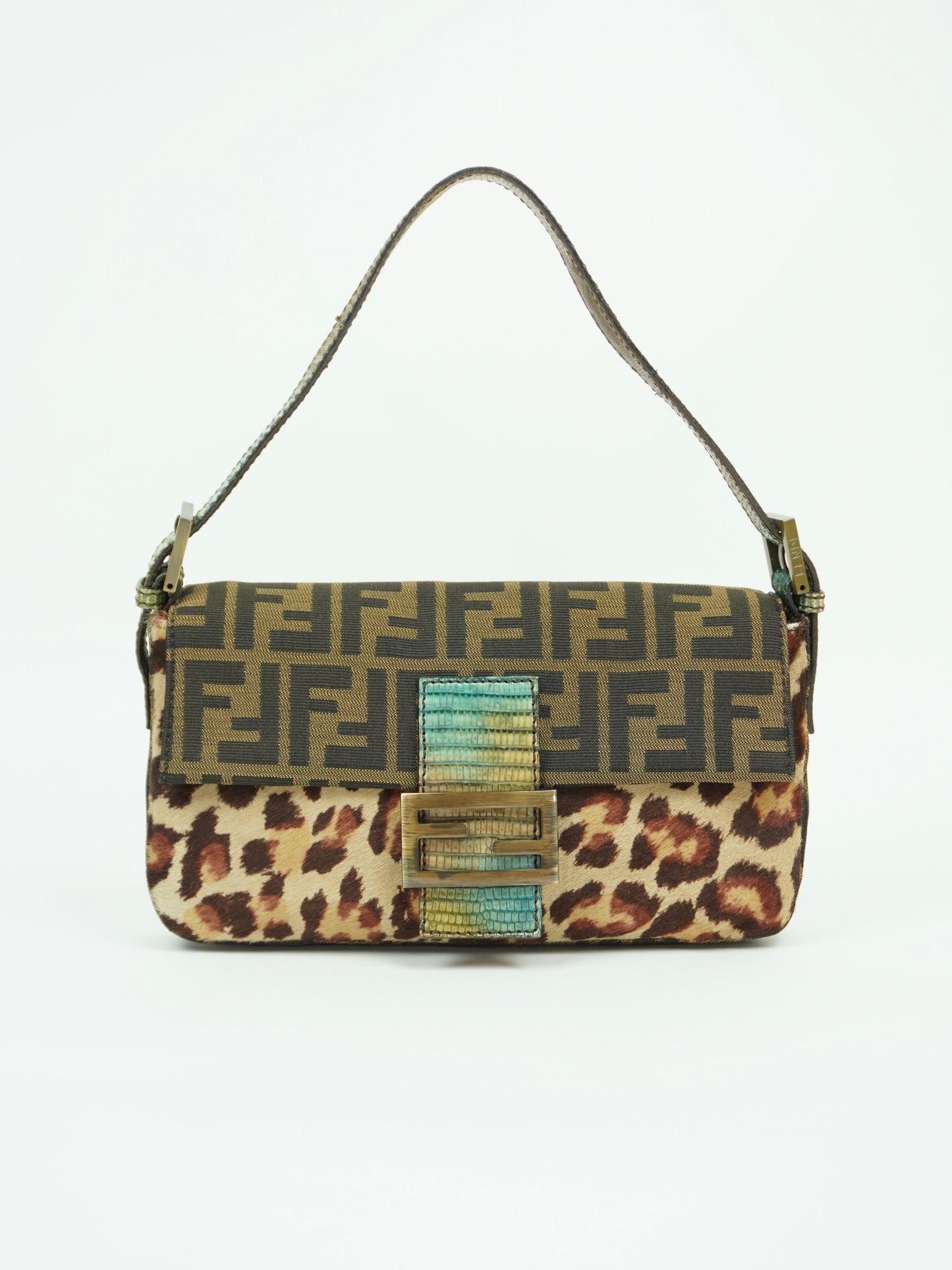 FENDI LEOPARD CALF HAIR ZUCCA BAGUETTE WITH EXOTIC LIZARD DETAILING