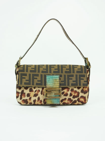 FENDI LEOPARD CALF HAIR ZUCCA BAGUETTE WITH EXOTIC LIZARD DETAILING