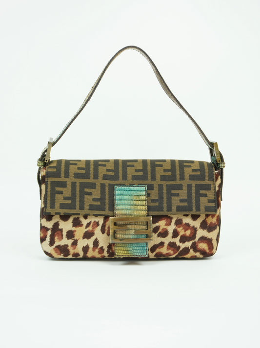 FENDI LEOPARD CALF HAIR ZUCCA BAGUETTE WITH EXOTIC LIZARD DETAILING