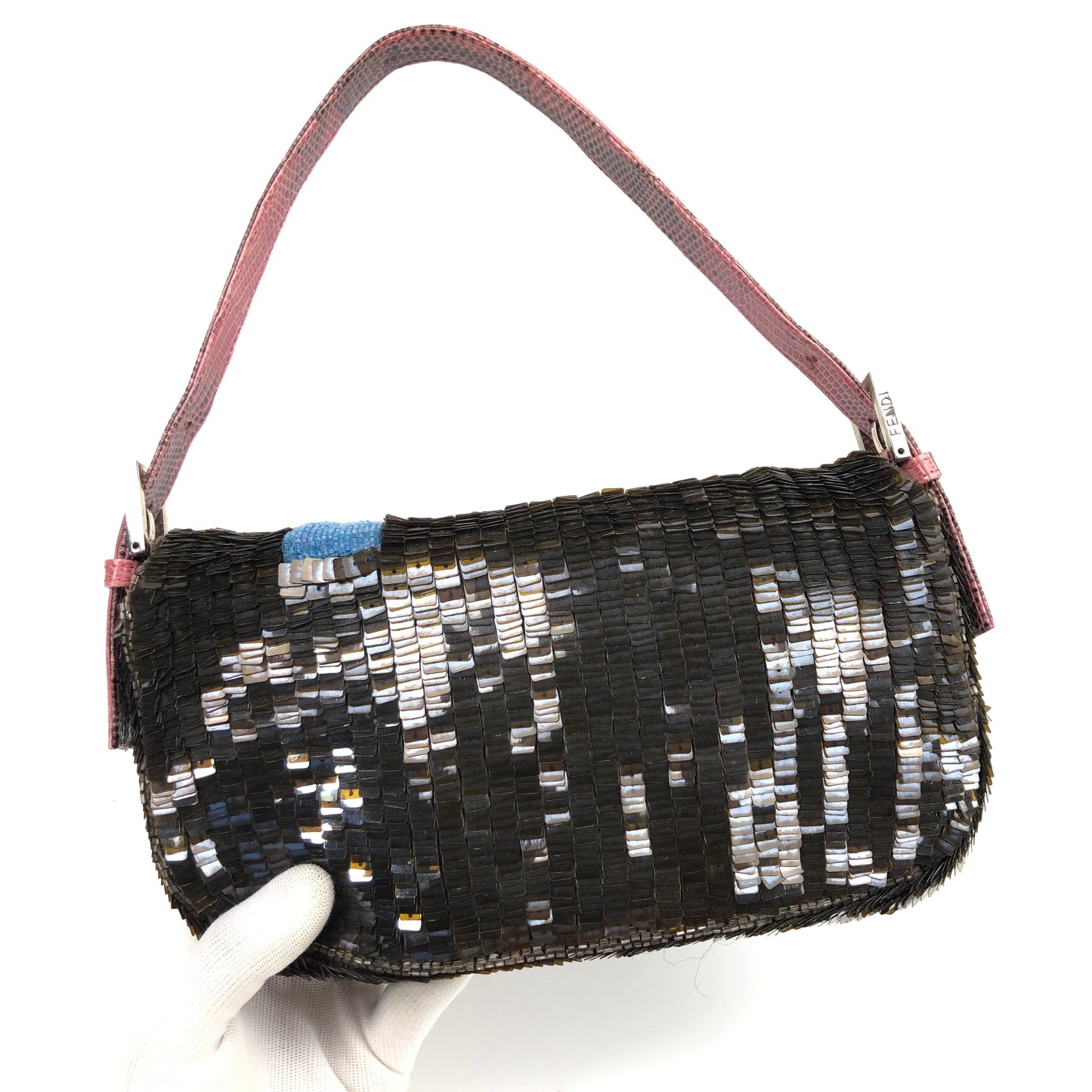 FENDI BEADED BAGUETTE BAG WITH EXOTIC LIZARD LEATHER DETAILING