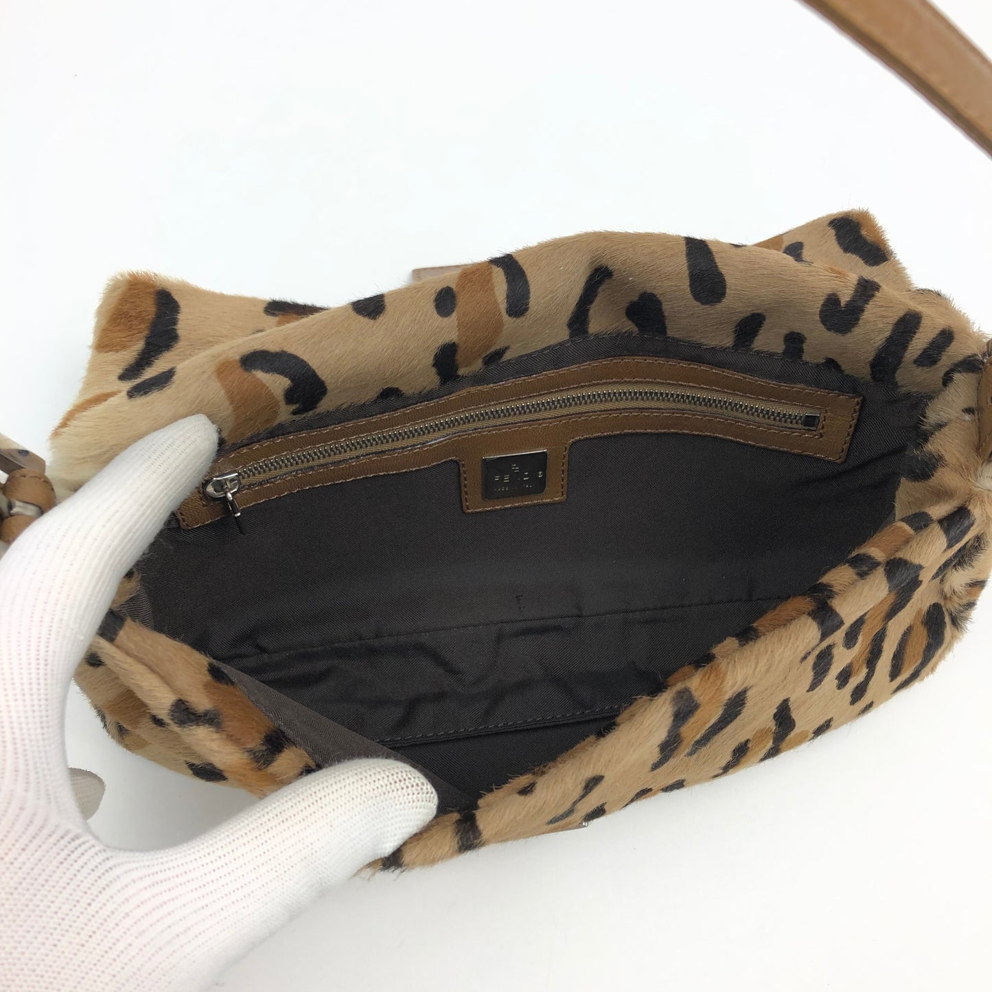 FENDI LEOPARD CALF HAIR BAGUETTE SHOULDER BAG