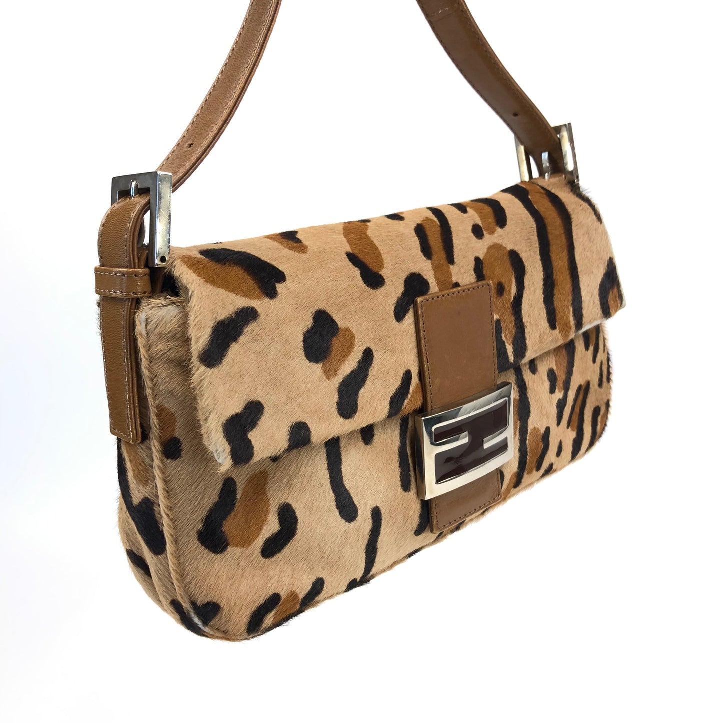 FENDI LEOPARD CALF HAIR BAGUETTE SHOULDER BAG