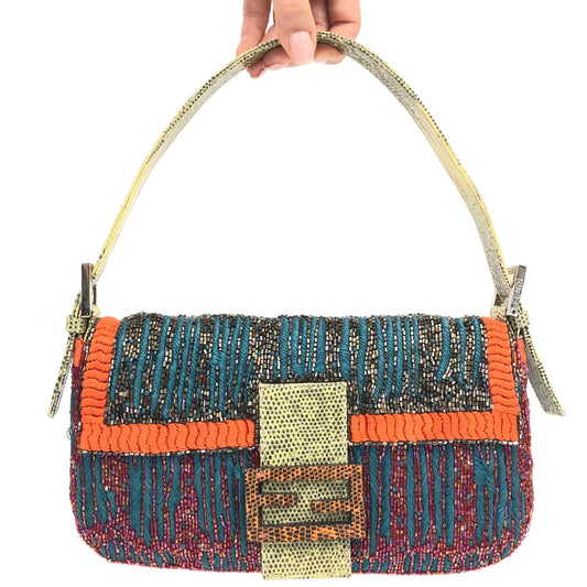 FENDI BEADED BAGUETTE BAG WITH EXOTIC LIZARD DETAILING