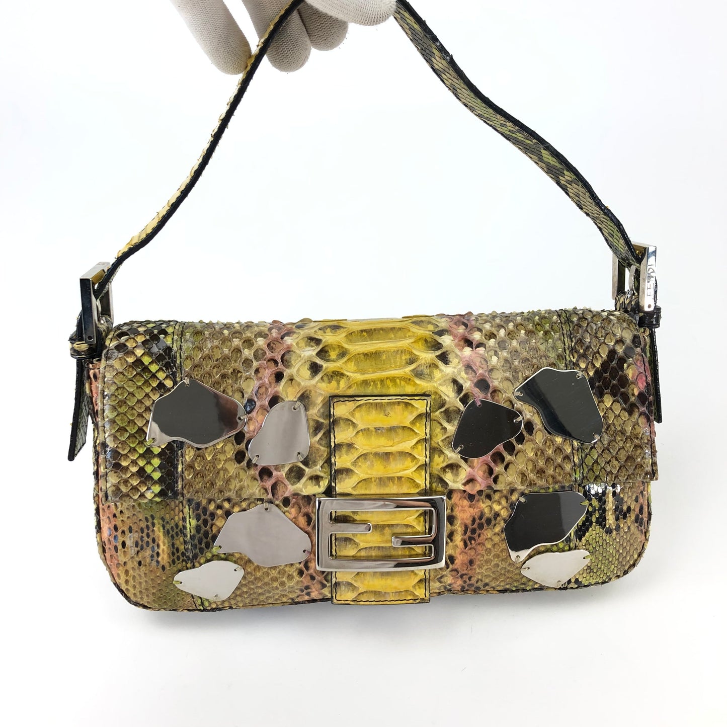 FENDI MULTI COLOUR PYTHON SNAKESKIN BAGUETTE BAG WITH METAL/MIRROR DETAILING