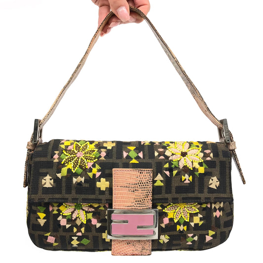 FENDI ZUCCA BEADED BAGUETTE BAG WITH EXOTIC LIZARD DETAILING