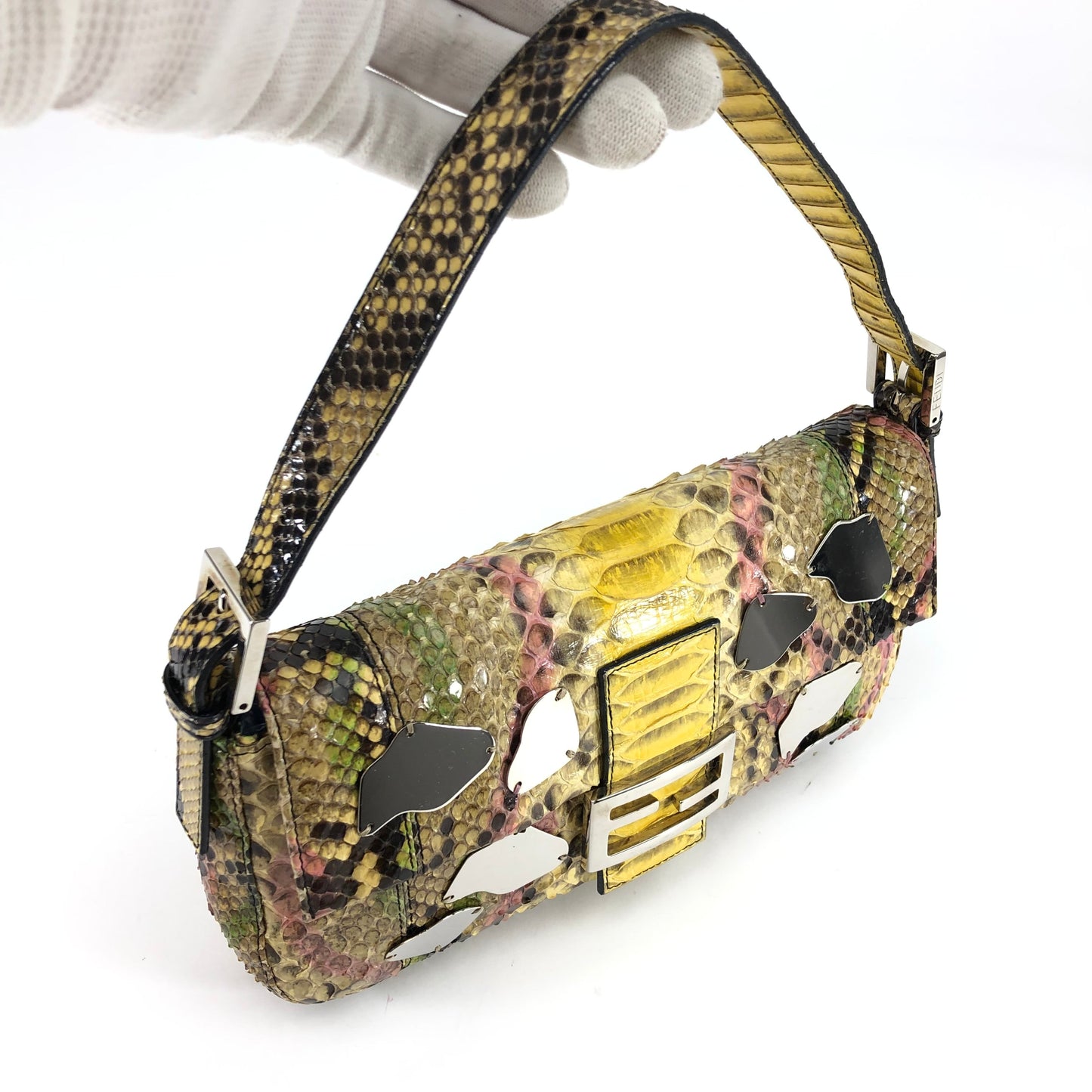 FENDI MULTI COLOUR PYTHON SNAKESKIN BAGUETTE SHOULDER BAG WITH METAL/MIRROR DETAILING