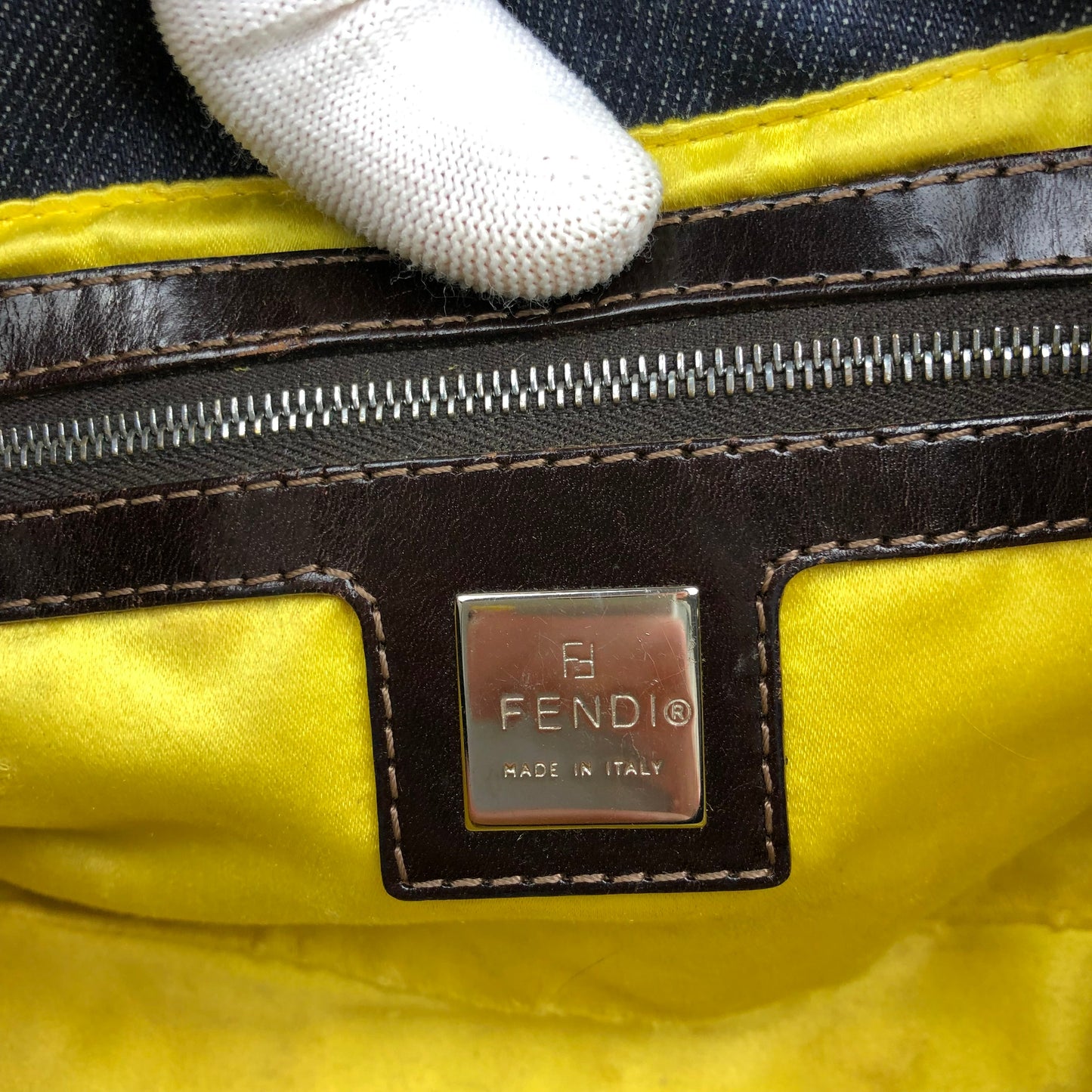 FENDI DENIM FLORAL BEADED BAGUETTE BAG