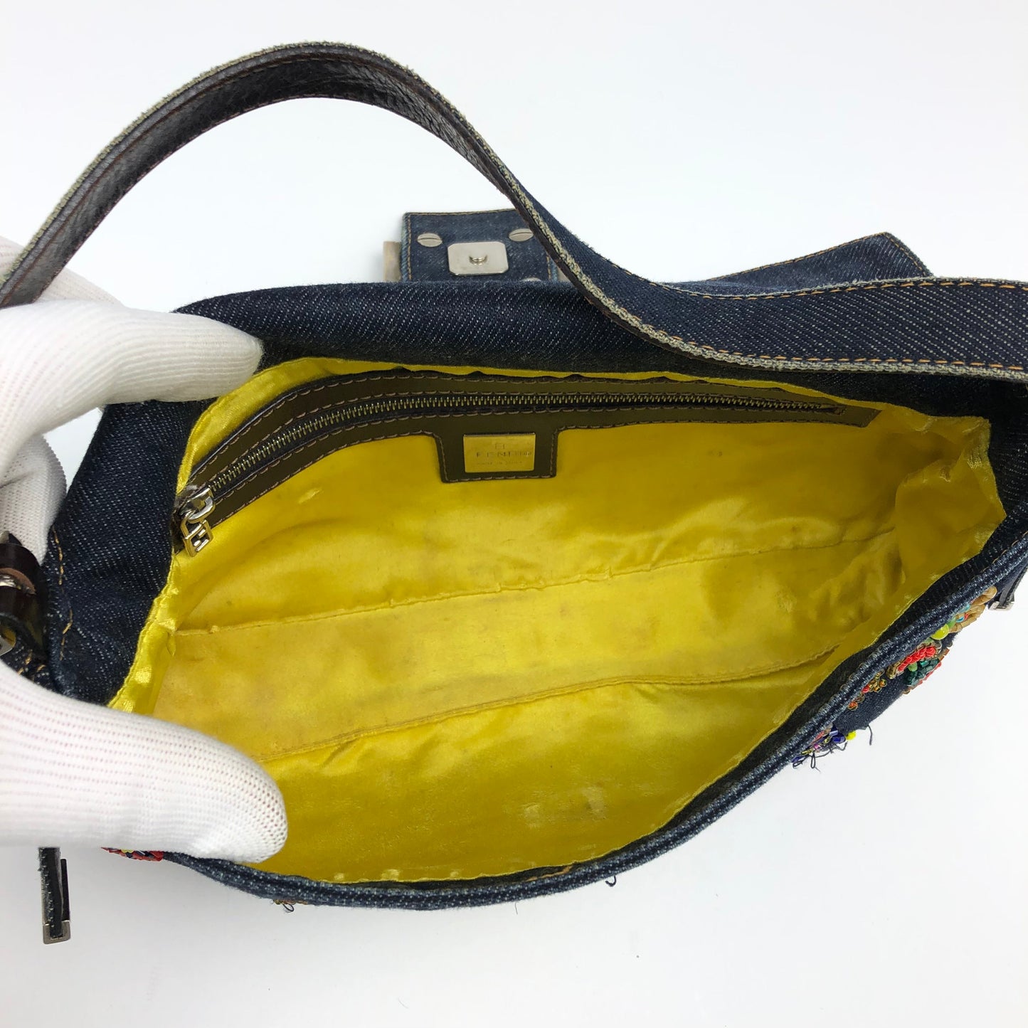 FENDI DENIM FLORAL BEADED BAGUETTE BAG