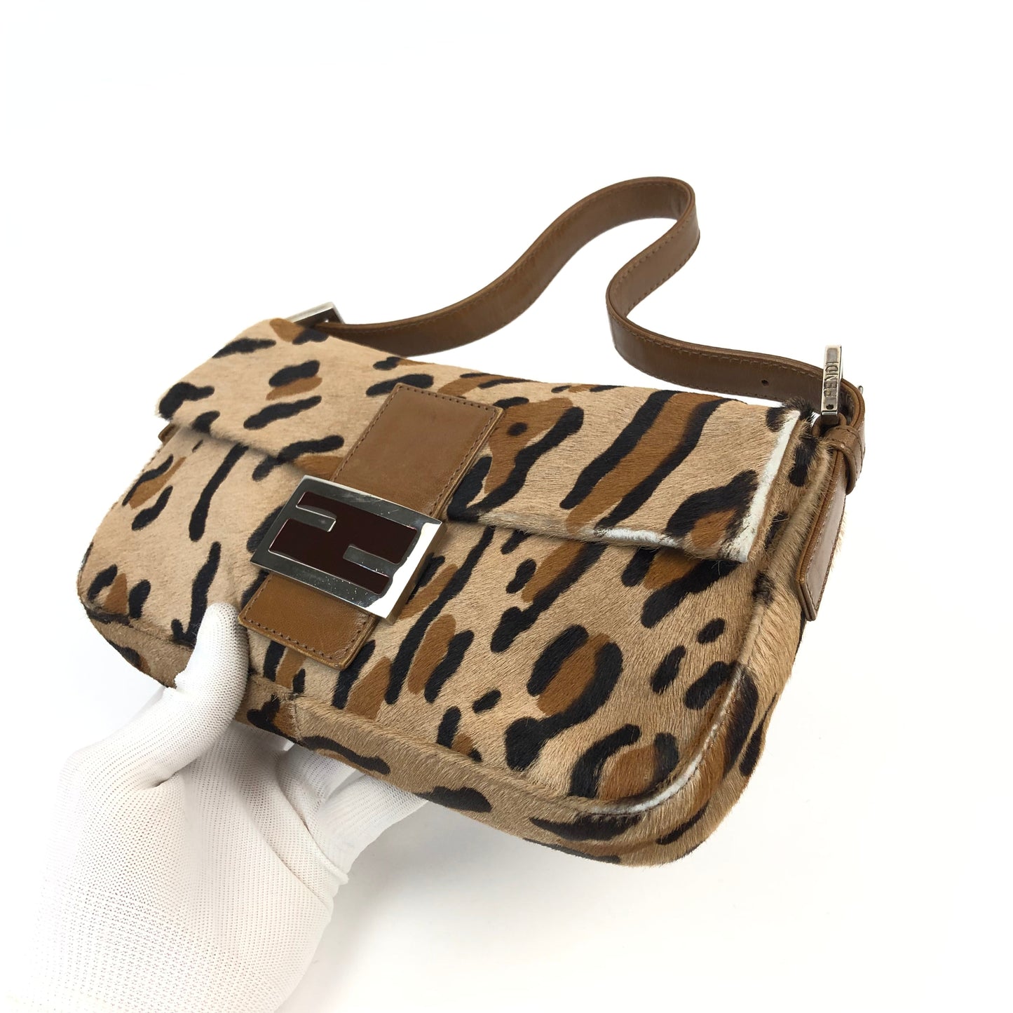 FENDI LEOPARD CALF HAIR BAGUETTE SHOULDER BAG