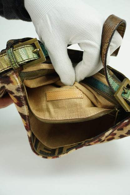 FENDI LEOPARD CALF HAIR ZUCCA BAGUETTE WITH EXOTIC LIZARD DETAILING