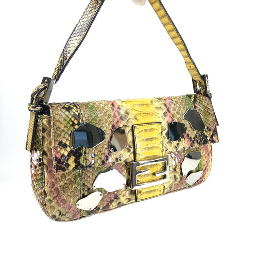 FENDI MULTI COLOUR PYTHON SNAKESKIN BAGUETTE SHOULDER BAG WITH METAL/MIRROR DETAILING