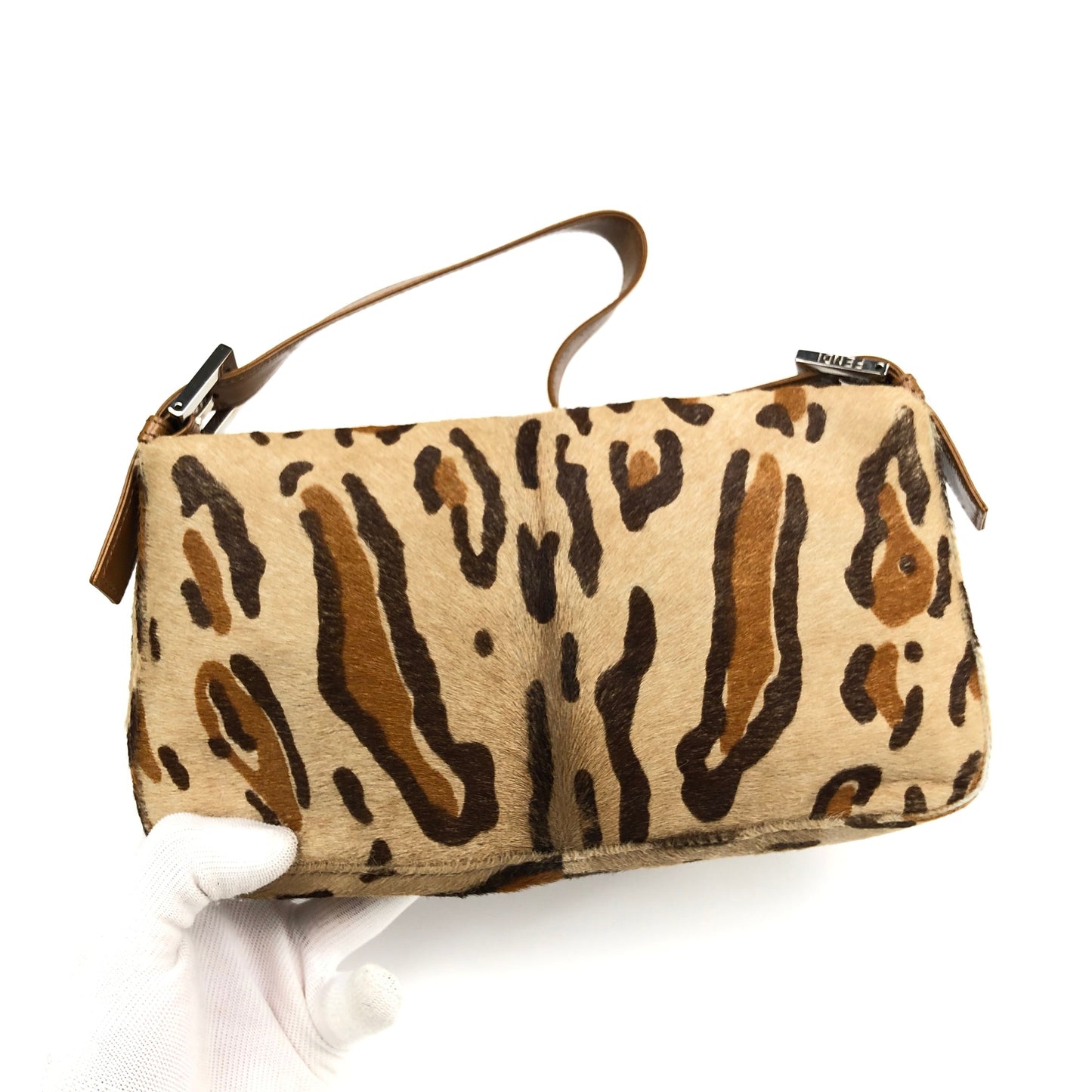 FENDI LEOPARD CALF HAIR BAGUETTE SHOULDER BAG