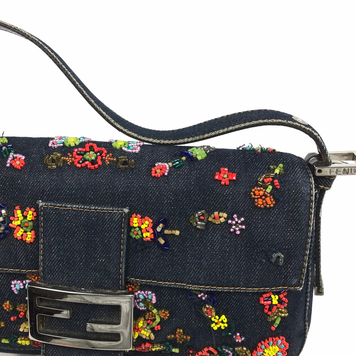 FENDI DENIM FLORAL BEADED BAGUETTE BAG