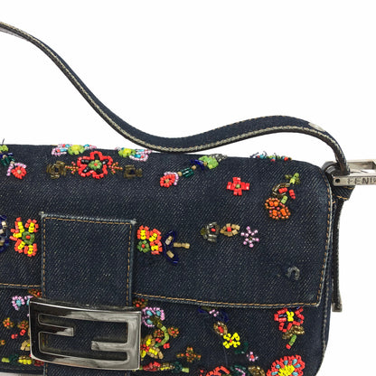 FENDI DENIM FLORAL BEADED BAGUETTE BAG