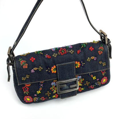 FENDI DENIM BEADED BAGUETTE BAG