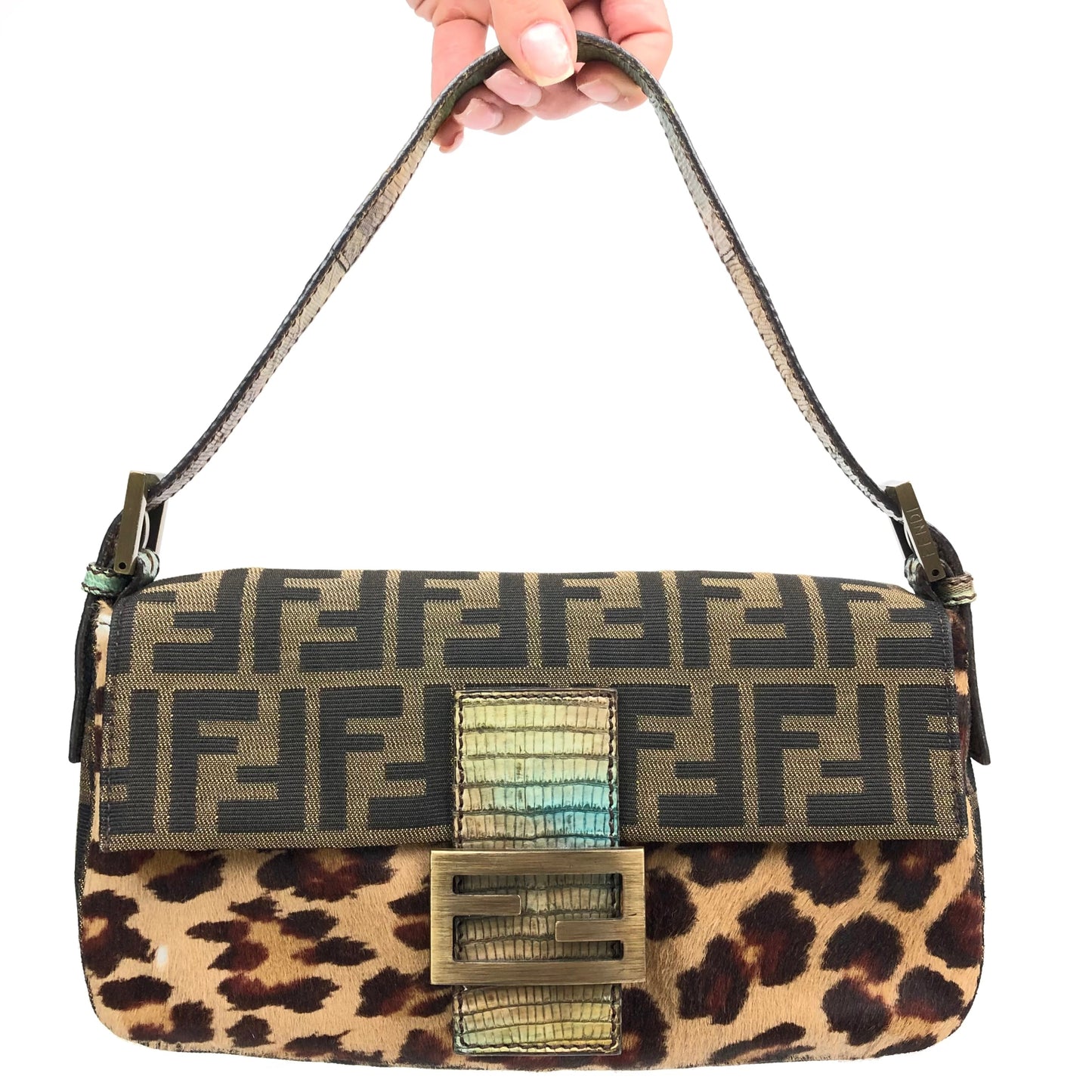 FENDI LEOPARD PONY HAIR ZUCCA BAGUETTE BAG