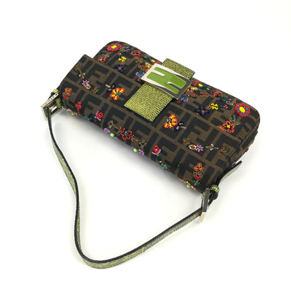 FENDI ZUCCA FLORAL BEADED BAGUETTE BAG WITH EXOTIC LIZARD DETAILING