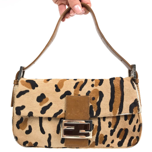 FENDI LEOPARD CALF HAIR BAGUETTE SHOULDER BAG