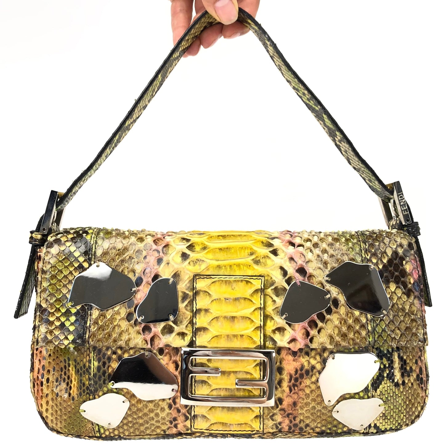 FENDI MULTI COLOUR PYTHON SNAKESKIN BAGUETTE BAG WITH METAL/MIRROR DETAILING