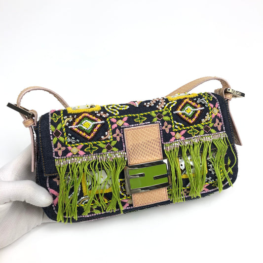 FENDI BEADED DENIM BAGUETTE WITH SNAKESKIN DETAILING