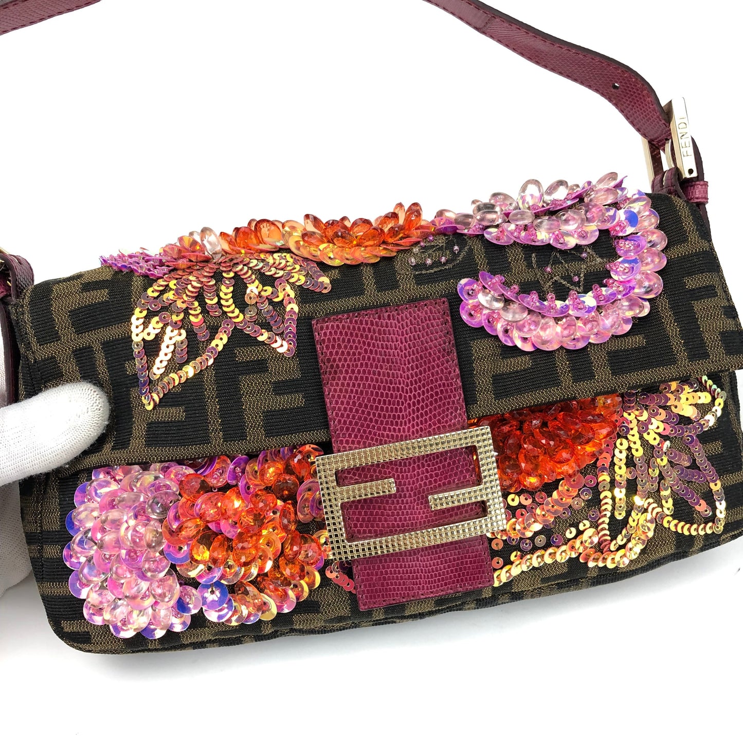 FENDI BEADED BAGUETTE BAG WITH EXOTIC LIZARD DETAILING