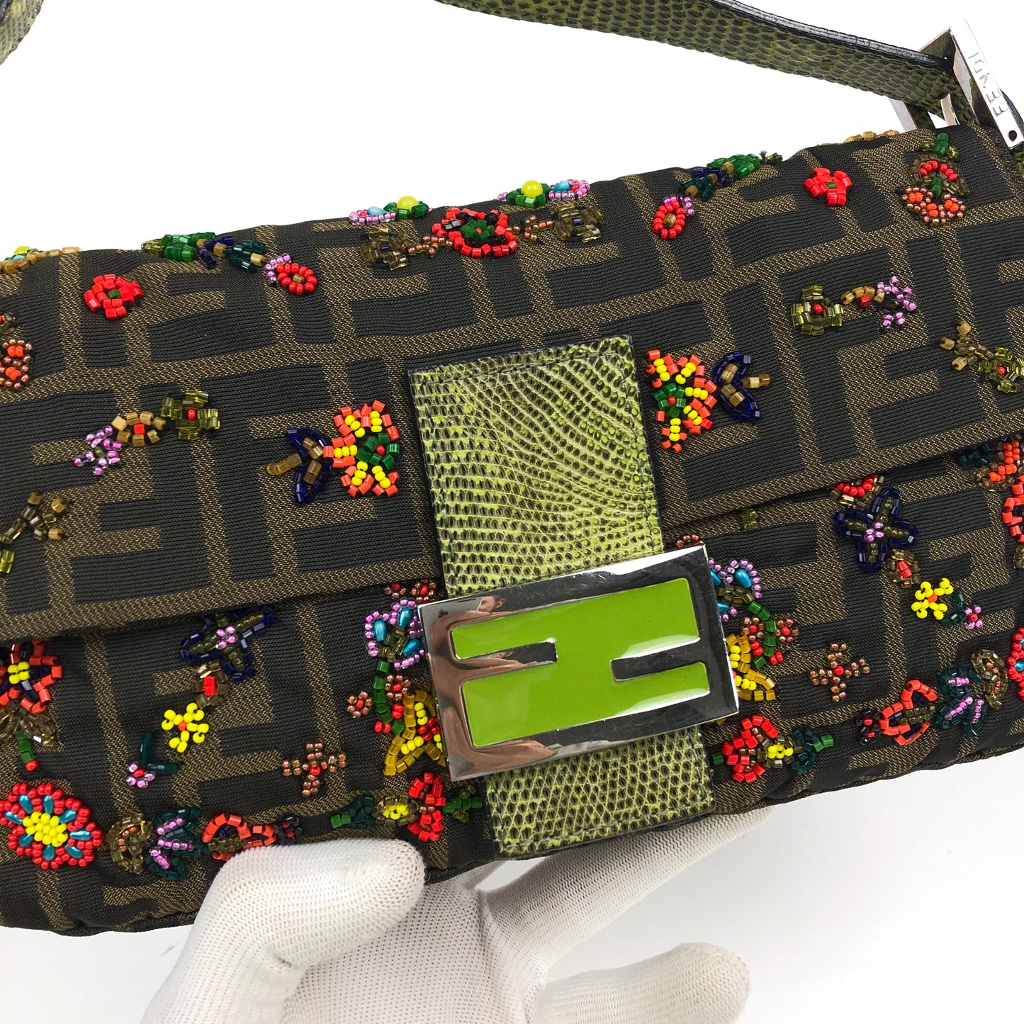 FENDI ZUCCA FLORAL BEADED BAGUETTE BAG WITH EXOTIC LIZARD DETAILING