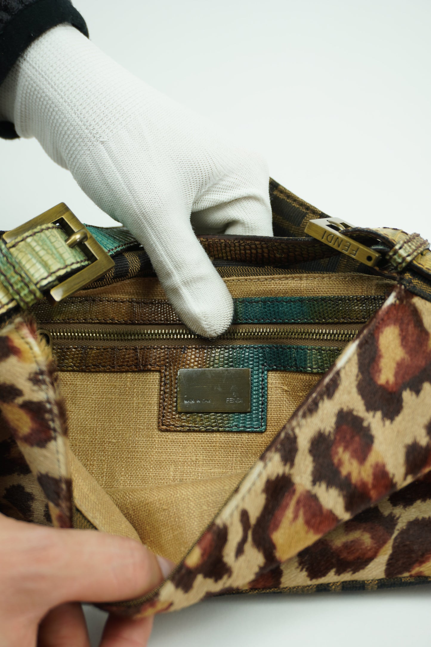 FENDI LEOPARD CALF HAIR ZUCCA BAGUETTE WITH EXOTIC LIZARD DETAILING