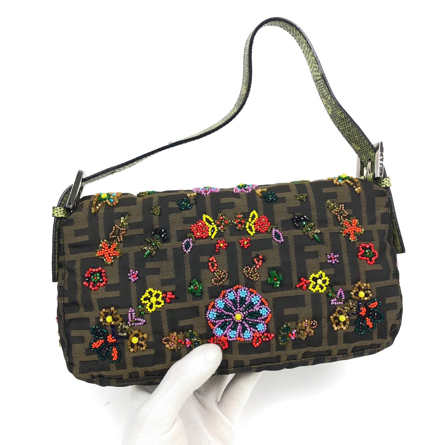 FENDI ZUCCA FLORAL BEADED BAGUETTE BAG WITH EXOTIC LIZARD DETAILING