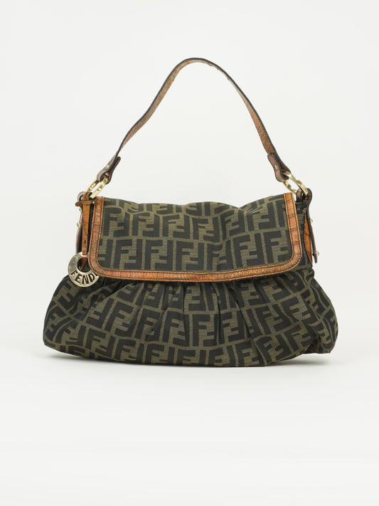 FENDI ZUCCA SHOULDER BAG WITH CROCODILE EMBOSSED TRIM