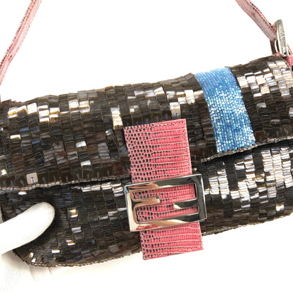 FENDI BEADED BAGUETTE BAG WITH EXOTIC LIZARD LEATHER DETAILING
