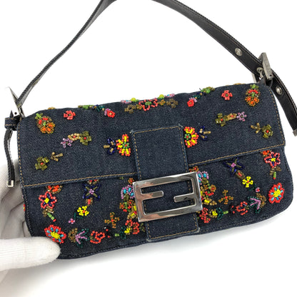 FENDI DENIM BEADED BAGUETTE SHOULDER BAG