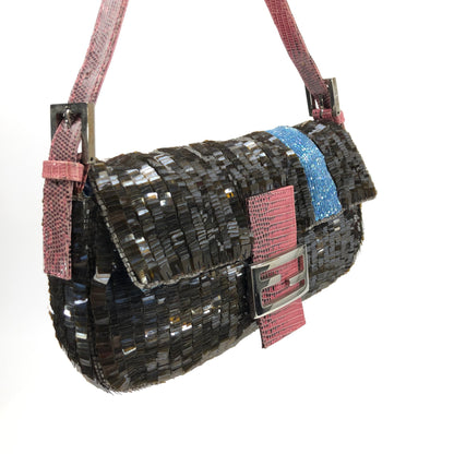 FENDI BEADED BAGUETTE BAG WITH EXOTIC LIZARD LEATHER DETAILING