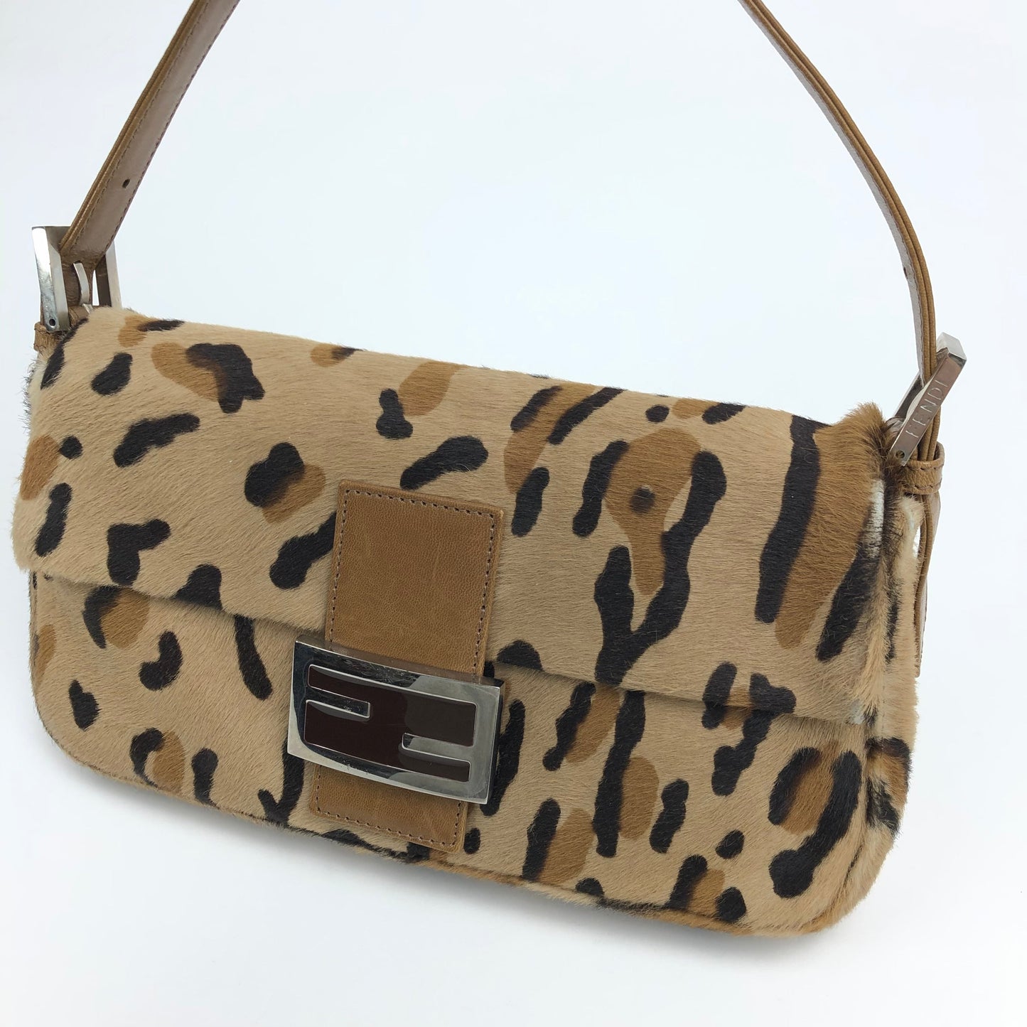FENDI LEOPARD CALF HAIR BAGUETTE SHOULDER BAG