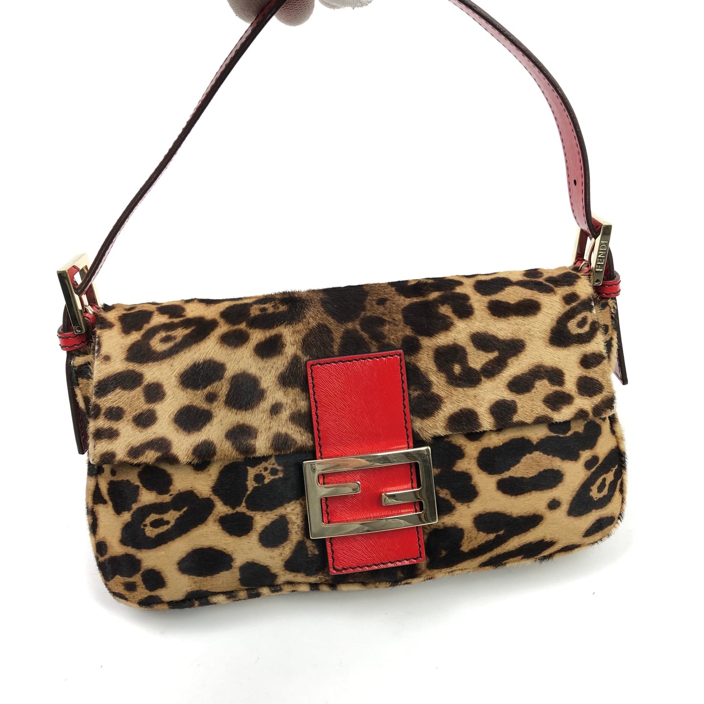 FENDI LEOPARD PONY HAIR BAGUETTE SHOULDER BAG