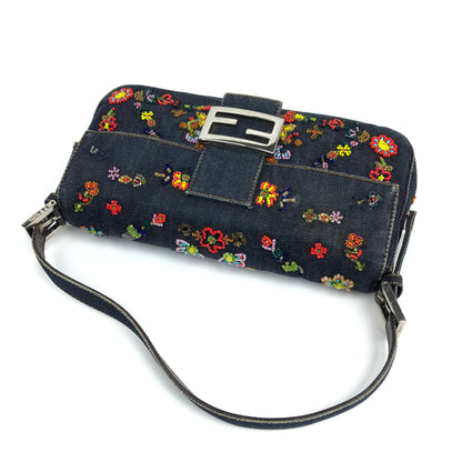 FENDI DENIM FLORAL BEADED BAGUETTE BAG