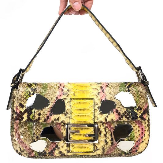 FENDI MULTI COLOUR PYTHON SNAKESKIN BAGUETTE SHOULDER BAG WITH METAL/MIRROR DETAILING