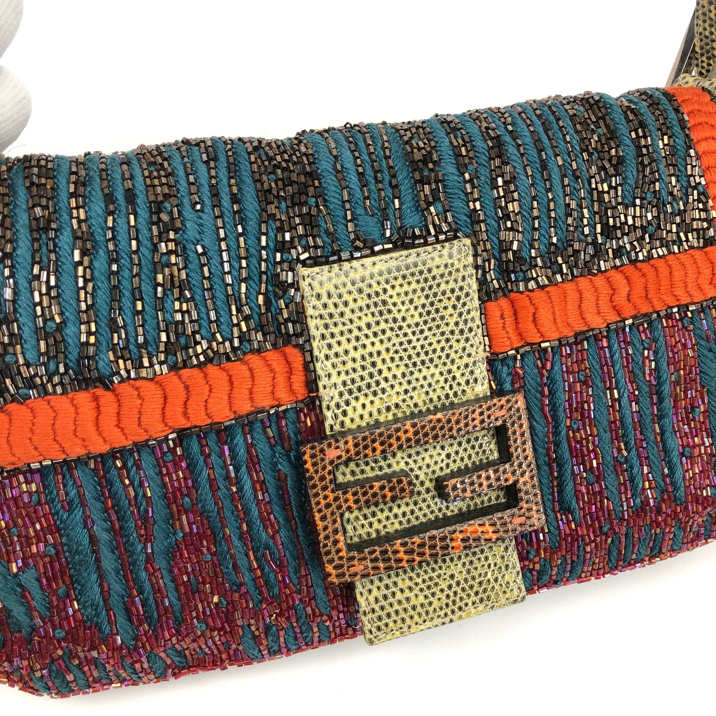 FENDI BEADED BAGUETTE BAG WITH EXOTIC LIZARD DETAILING