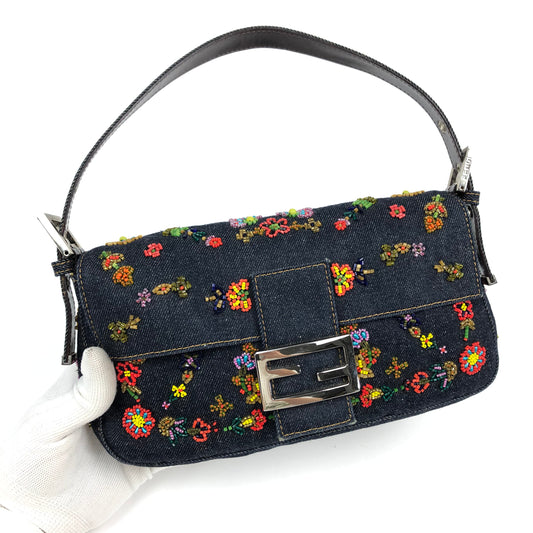 FENDI DENIM FLORAL BEADED BAGUETTE BAG